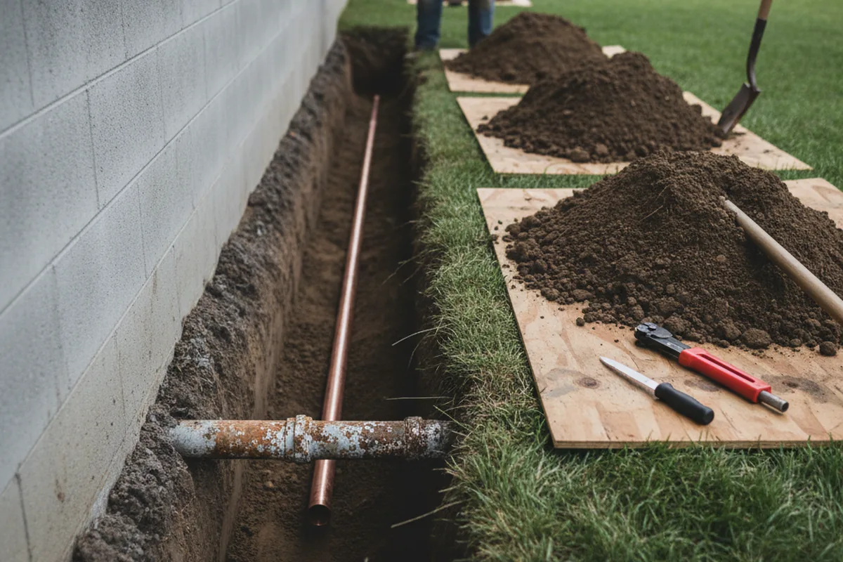 Excavated water line trench during Water Softener Installation in Hoffman
